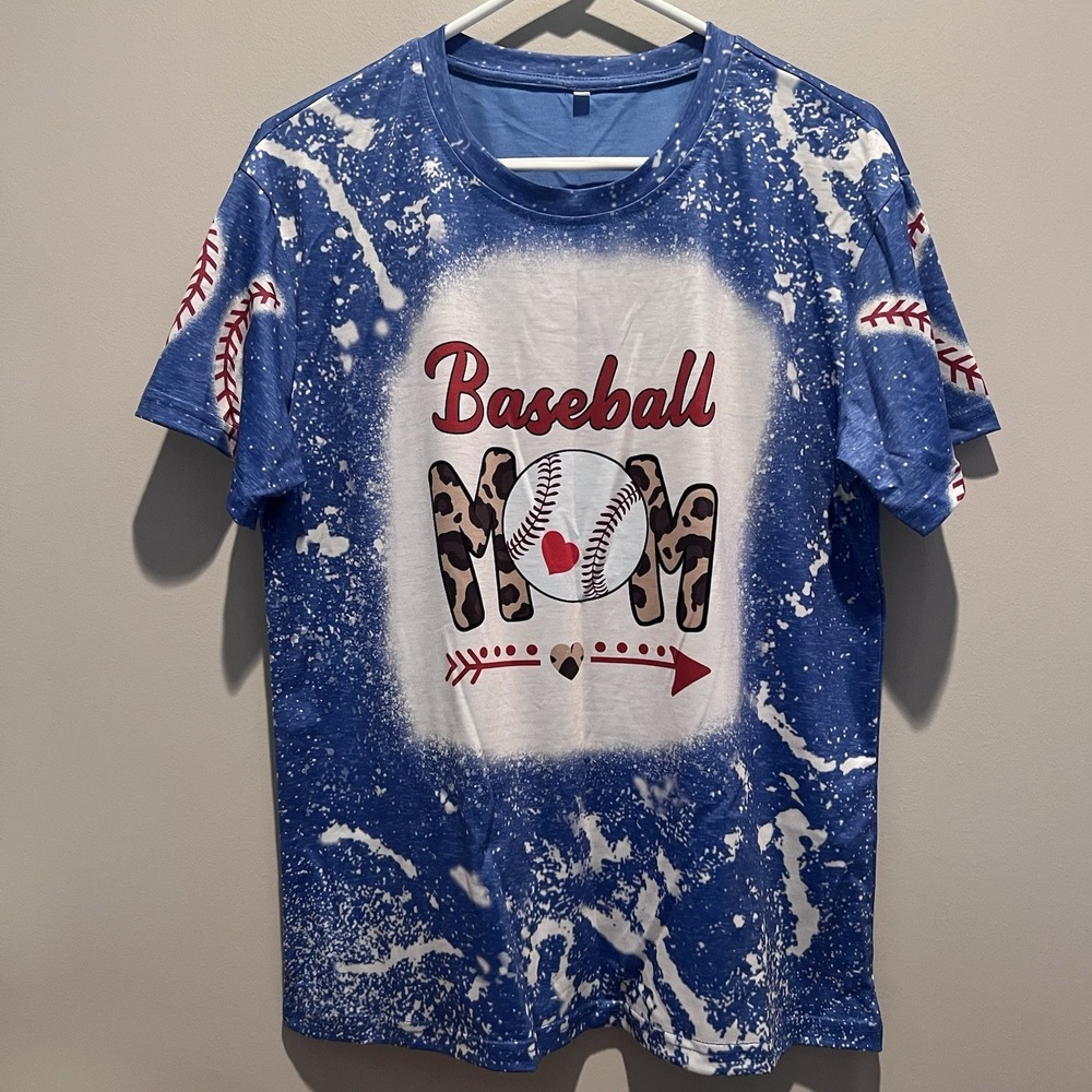 NIP Baseball Mom Shirt Blue Bleach Splash Patriotic Tee Womens Medium July 4th